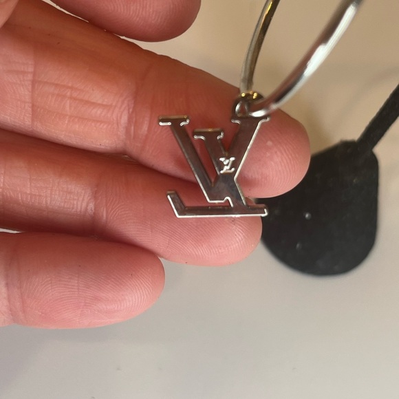 Upcycled Silver LV Louis Vuitton Stamped Charm 30mm Hoop Earrings - Picture 12 of 12